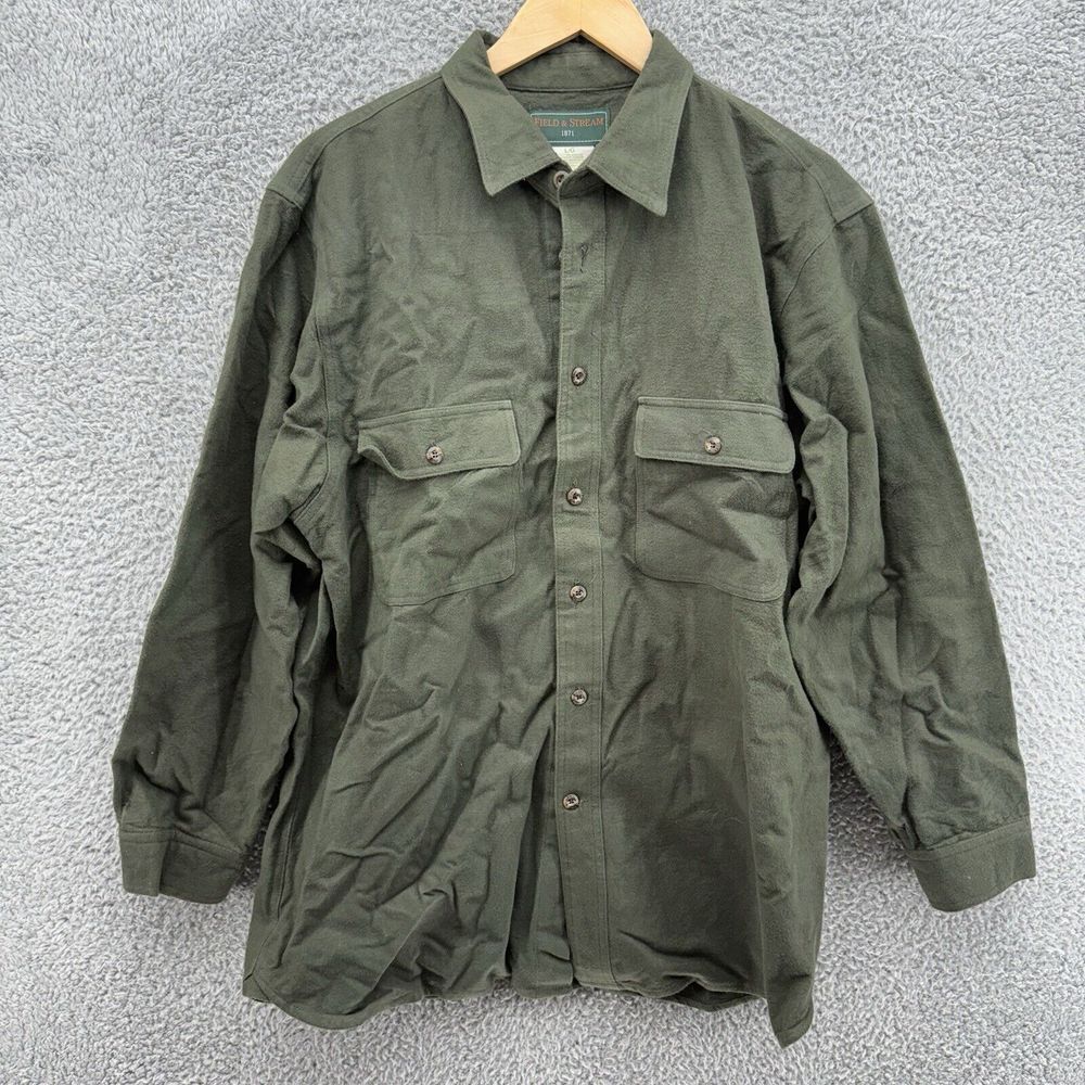 Field & Stream 1871 Shirt Mens Large Green Thick‎ Flannel Button Up Long Sleeves